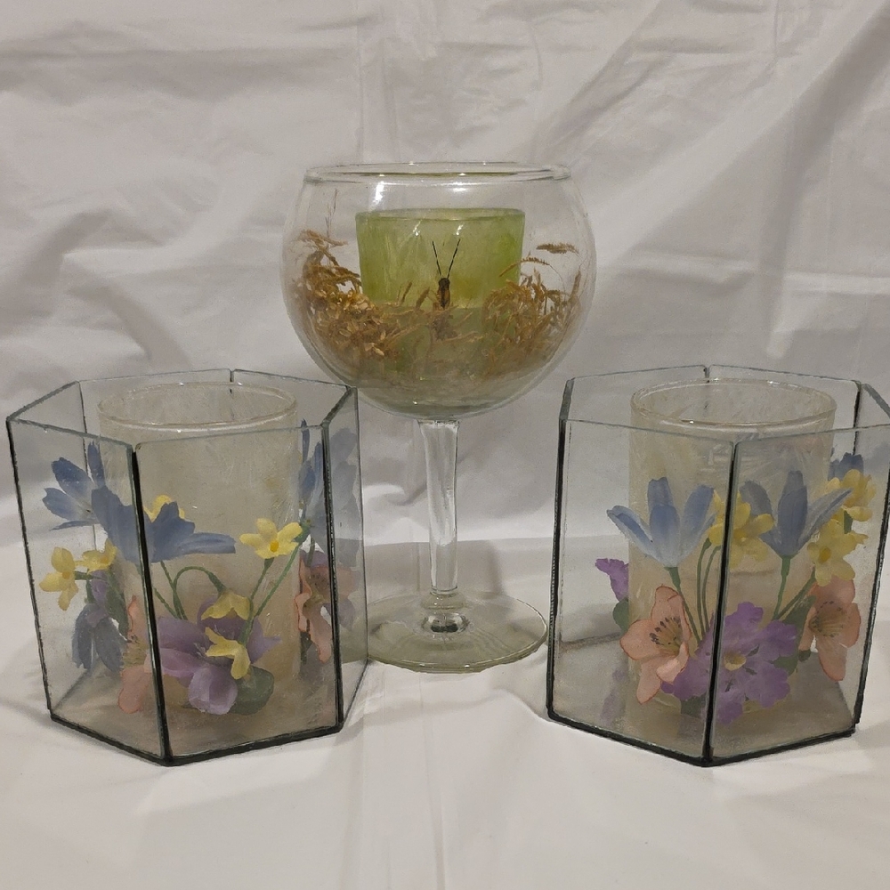 Vintage 1970s Candles With Blue Pink Purple Yellow Flowers Tall Dried Flowers